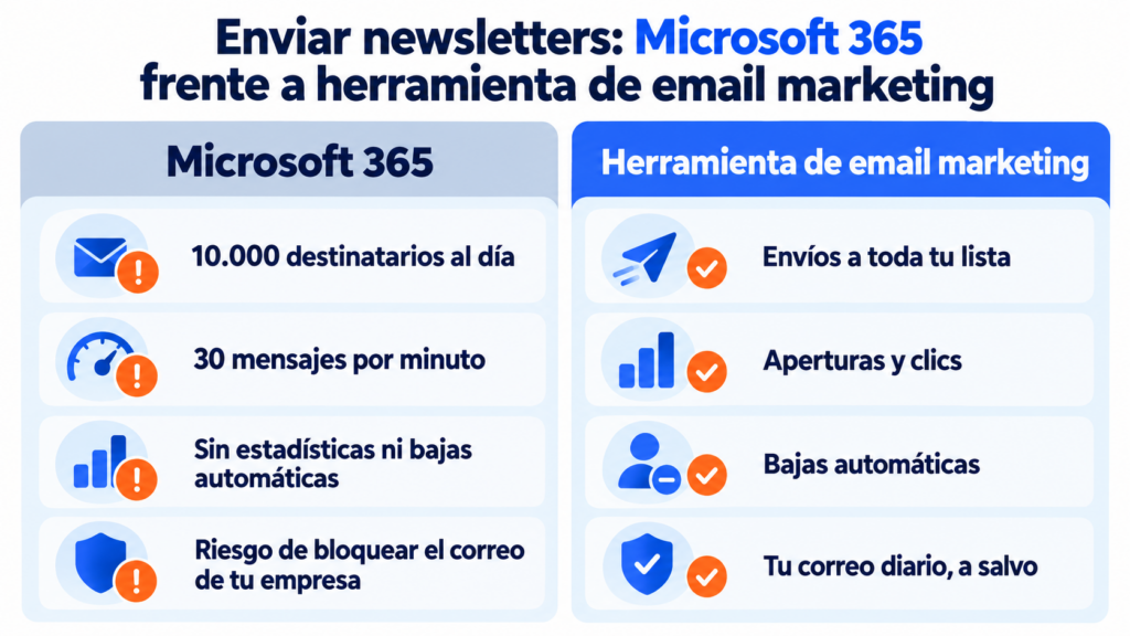 Enviar newsletters: Microsoft 365 frente a herramienta de email marketing, con 10.000 destinatarios al día y riesgo de bloqueo del buzón frente a envíos a toda la lista con estadísticas y bajas automáticas