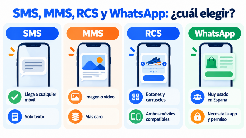 SMS, MMS, RCS e WhatsApp comparados: alcance, tipo de conteúdo, custo e requisitos de cada canal de mensagens móveis