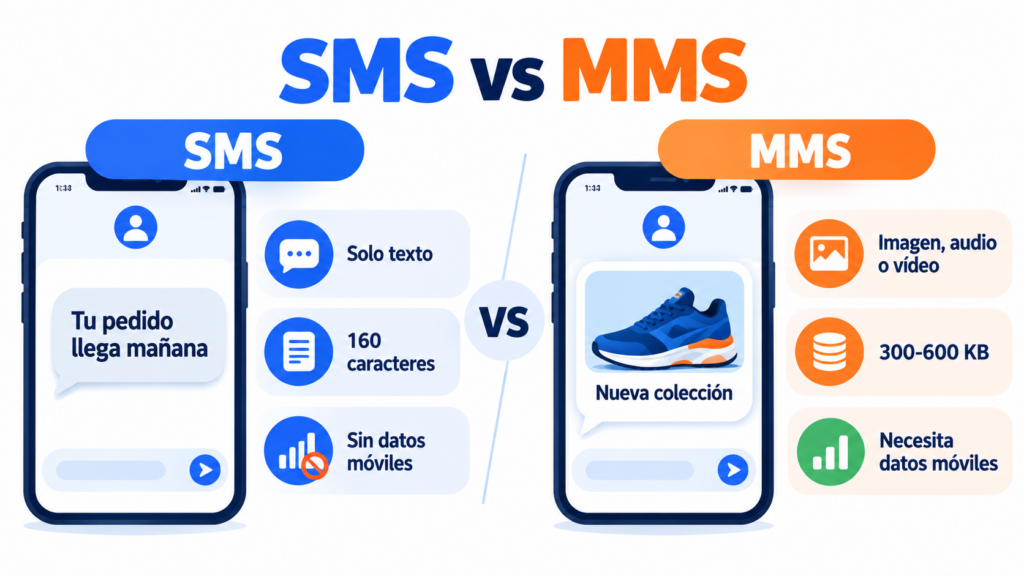 Comparação SMS vs MMS: o SMS contém apenas texto, 160 caracteres e não precisa de dados; o MMS aceita imagem, áudio ou vídeo de 300 a 600 KB e precisa de dados móveis