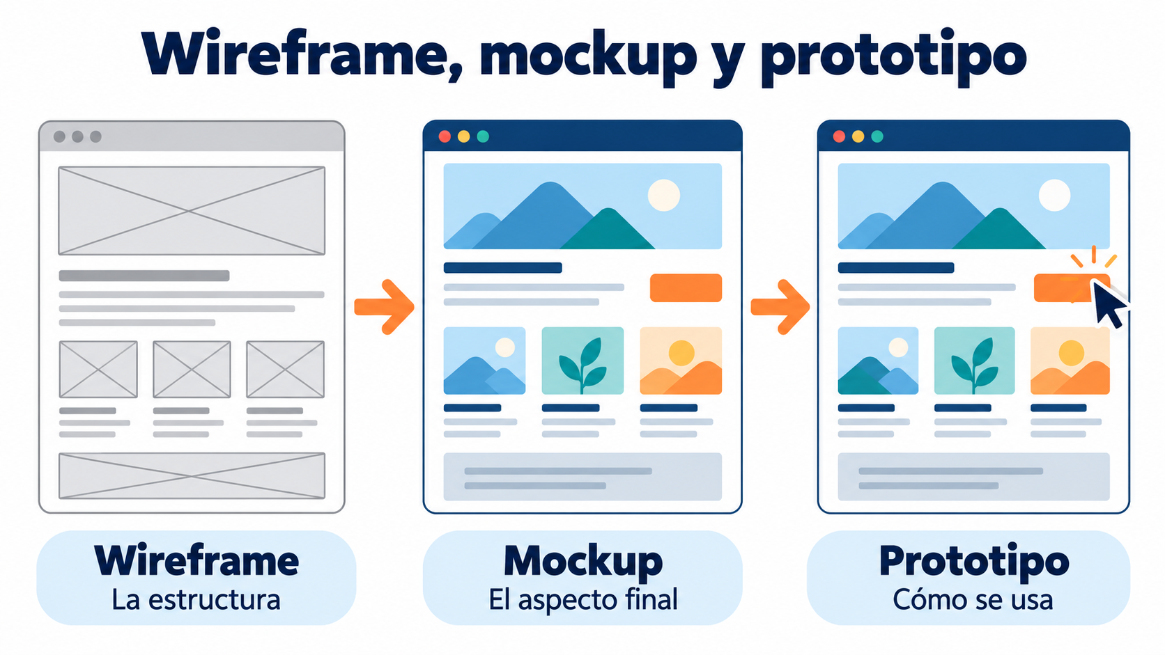 Infografía de wireframe, mockup y prototipo: tres versiones de una misma pantalla con cada vez más detalle
