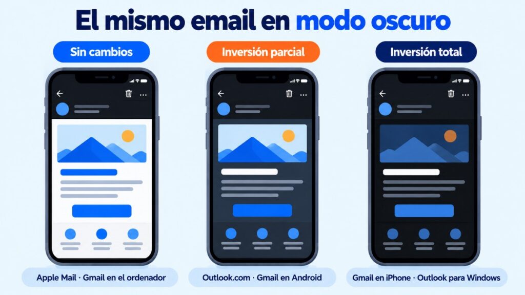 El mismo email en modo oscuro en tres programas de correo: sin cambios, inversión parcial e inversión total