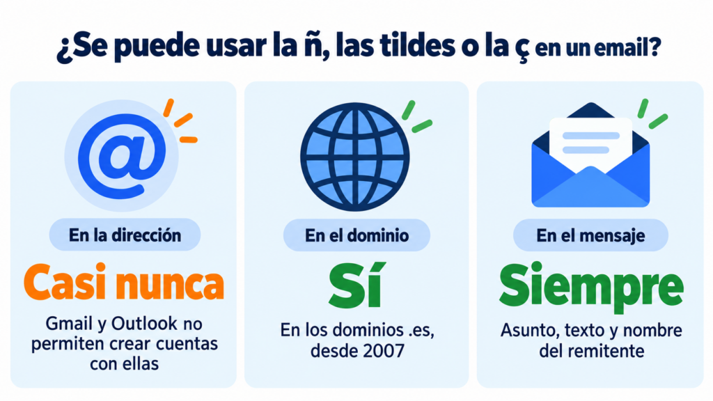 É possível usar ñ, acentos ou ç em um email? No endereço, quase nunca: o Gmail e o Outlook não permitem criar contas com eles; no domínio, sim, nos .es desde 2007; e dentro da mensagem, sempre
