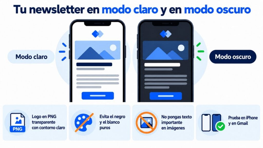 Infografía que compara la misma newsletter en modo claro y en modo oscuro, con cuatro consejos para maquetar en modo oscuro