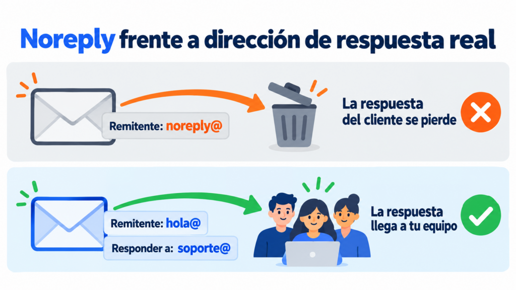 Noreply frente a dirección de respuesta real: desde noreply la respuesta del cliente se pierde; con un remitente de marca y un Reply-To como soporte, la respuesta llega a tu equipo