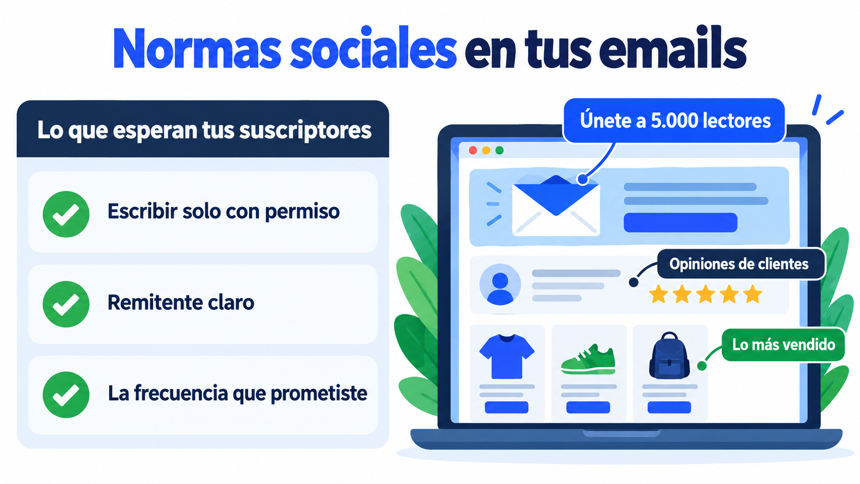 How to use social norms in your emails: permission to email, clear sender, promised frequency, number of subscribers, customer reviews and best-selling products