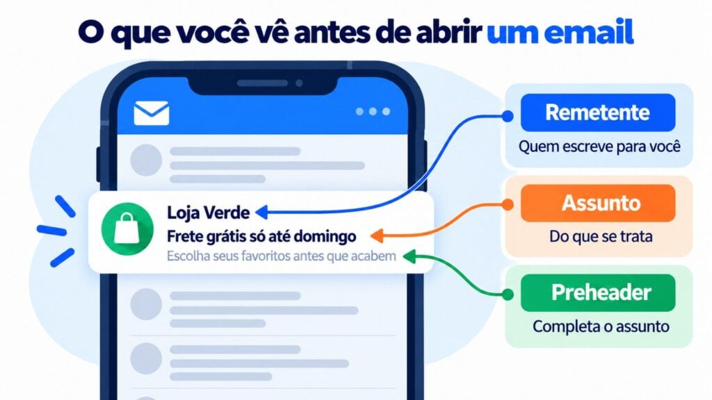 O que o destinatário vê na caixa de entrada antes de abrir um email: remetente, assunto e preheader