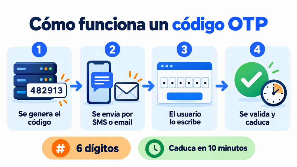 Como funciona um código OTP em 4 etapas: o código é gerado, enviado por SMS ou email, o usuário o digita e ele é validado e expira; 6 dígitos e expiração em 10 minutos