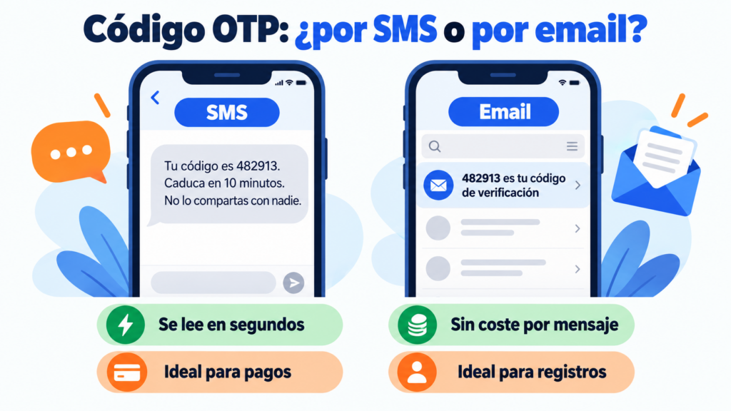 Código OTP por SMS ou por email: o SMS é lido em segundos e é ideal para pagamentos; o email não tem custo por mensagem e é ideal para cadastros