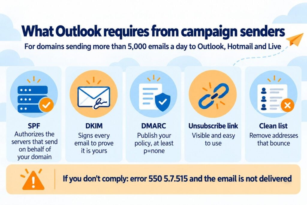 What Outlook requires from campaign senders: SPF, DKIM, DMARC, an unsubscribe link and a clean list