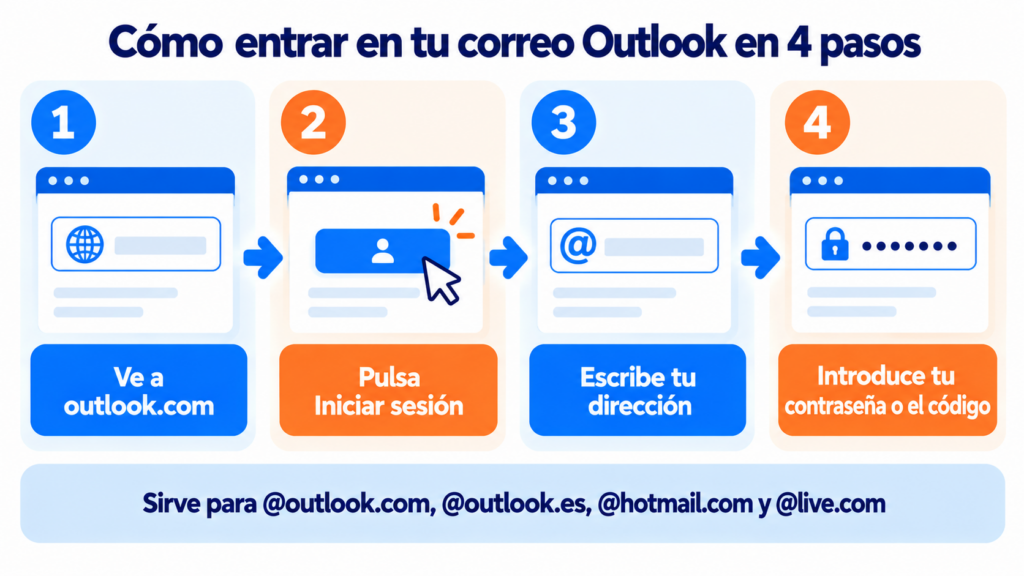 Cómo entrar en tu correo Outlook en 4 pasos: ve a outlook.com, pulsa Iniciar sesión, escribe tu dirección e introduce tu contraseña o el código