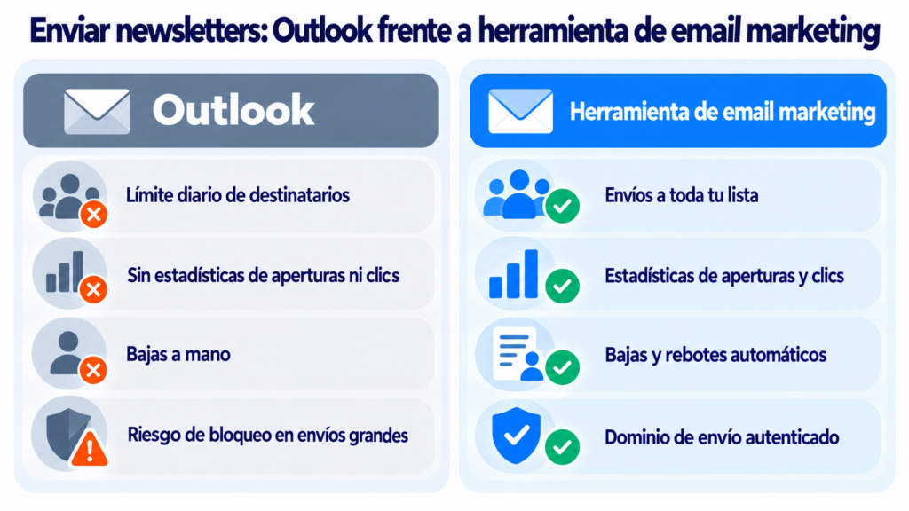 Enviar newsletters: Outlook frente a herramienta de email marketing, con límites diarios y sin estadísticas frente a envíos a toda la lista con estadísticas y bajas automáticas