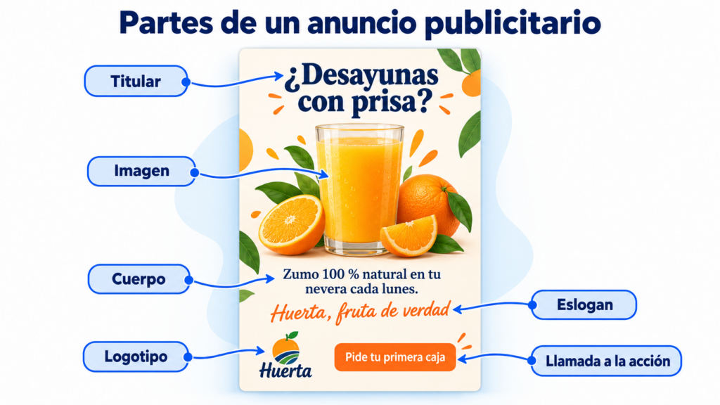 Partes de un anuncio publicitario: titular, imagen, cuerpo, eslogan, logotipo y llamada a la acción
