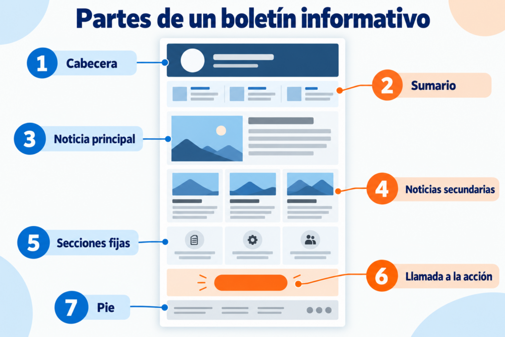 Infográfico com as partes de um boletim informativo: cabeçalho, sumário, notícia principal, notícias secundárias, seções fixas, chamada para ação e rodapé