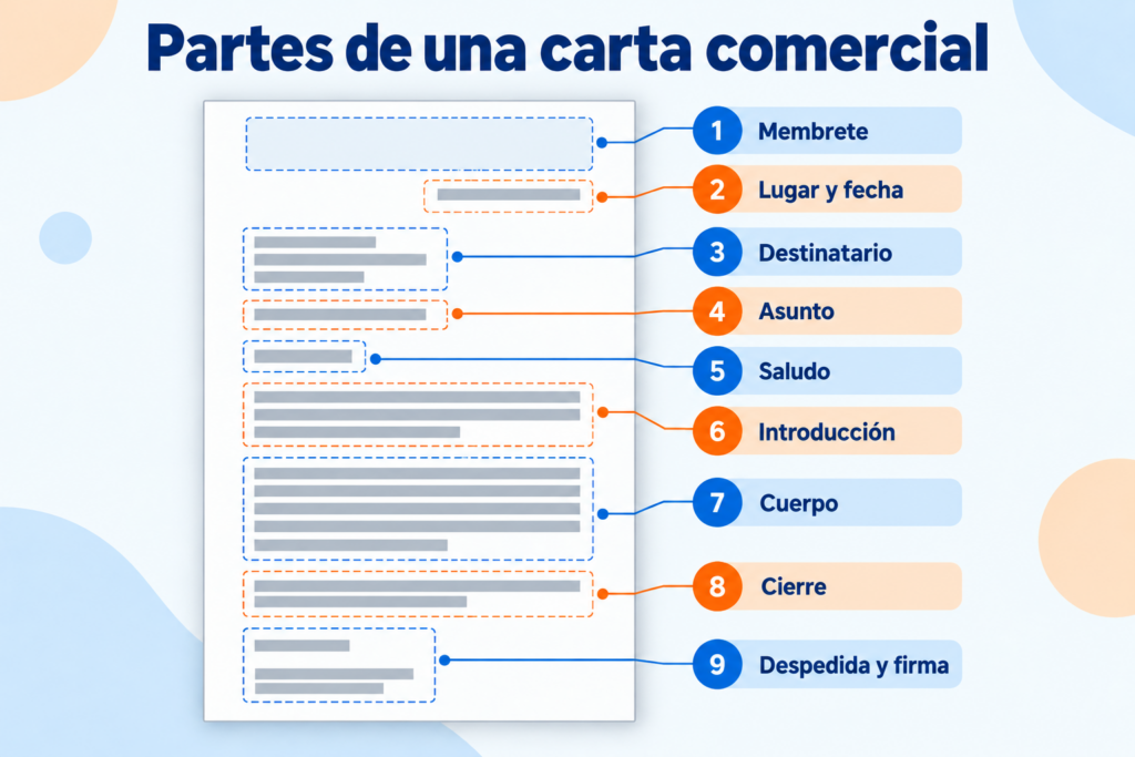 Infografía con las partes de una carta comercial: membrete, lugar y fecha, destinatario, asunto, saludo, introducción, cuerpo, cierre, despedida y firma