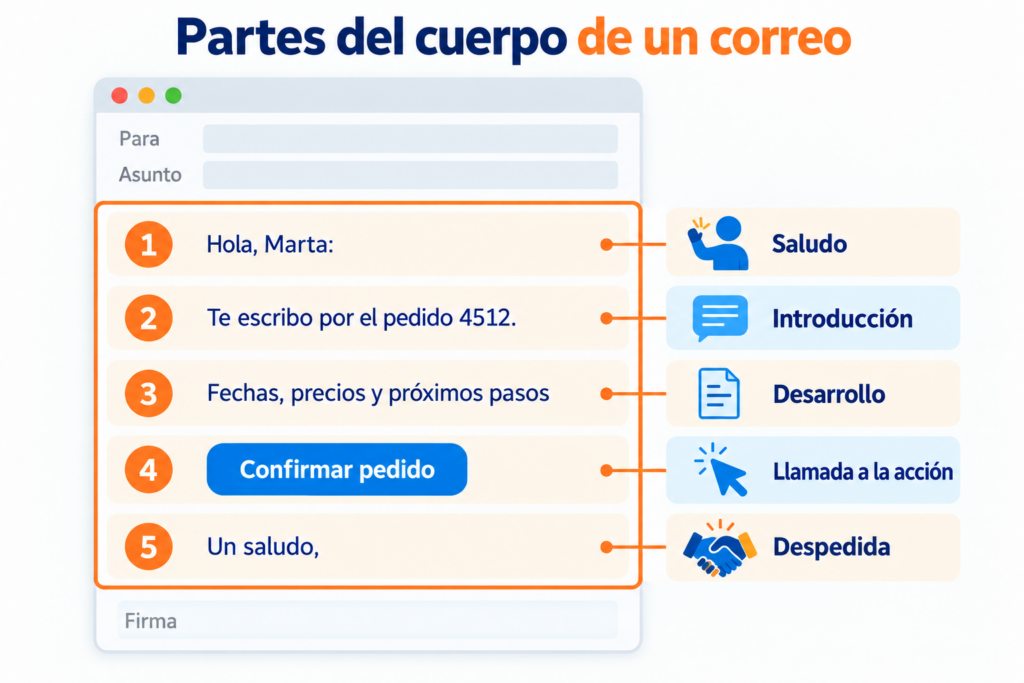 Partes del cuerpo de un correo: saludo, introducción, desarrollo, llamada a la acción y despedida
