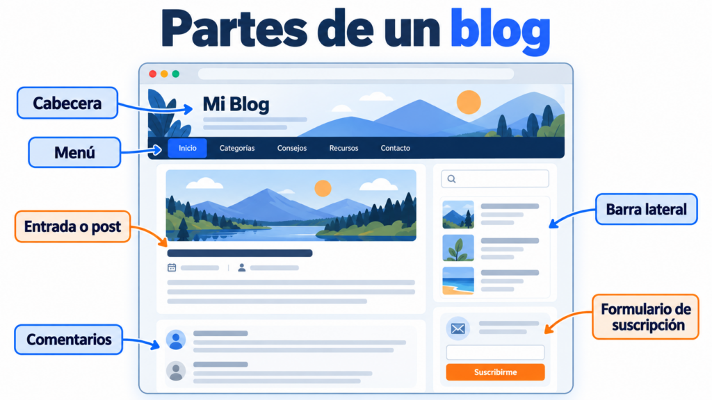 Partes de un blog: cabecera, menú, entrada, barra lateral, comentarios y formulario de suscripción