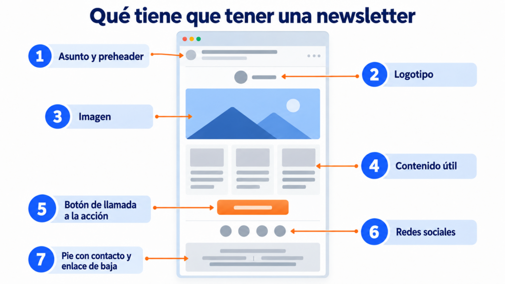 Qué tiene que tener una newsletter: asunto y preheader, logotipo, contenido útil, imágenes, llamada a la acción, redes sociales y pie con datos de contacto y enlace de baja
