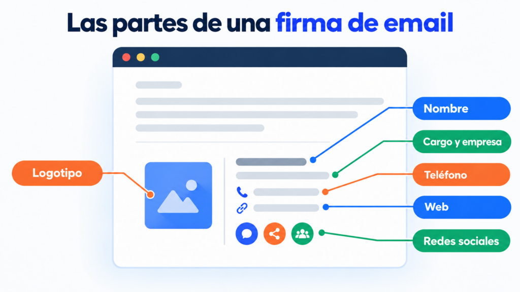 Las partes de una firma de correo electrónico: nombre, cargo y empresa, teléfono, web, logotipo y redes sociales