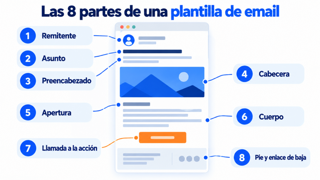 Las 8 partes de una plantilla de email: remitente, asunto, preencabezado, cabecera, apertura, cuerpo, llamada a la acción y pie con enlace de baja