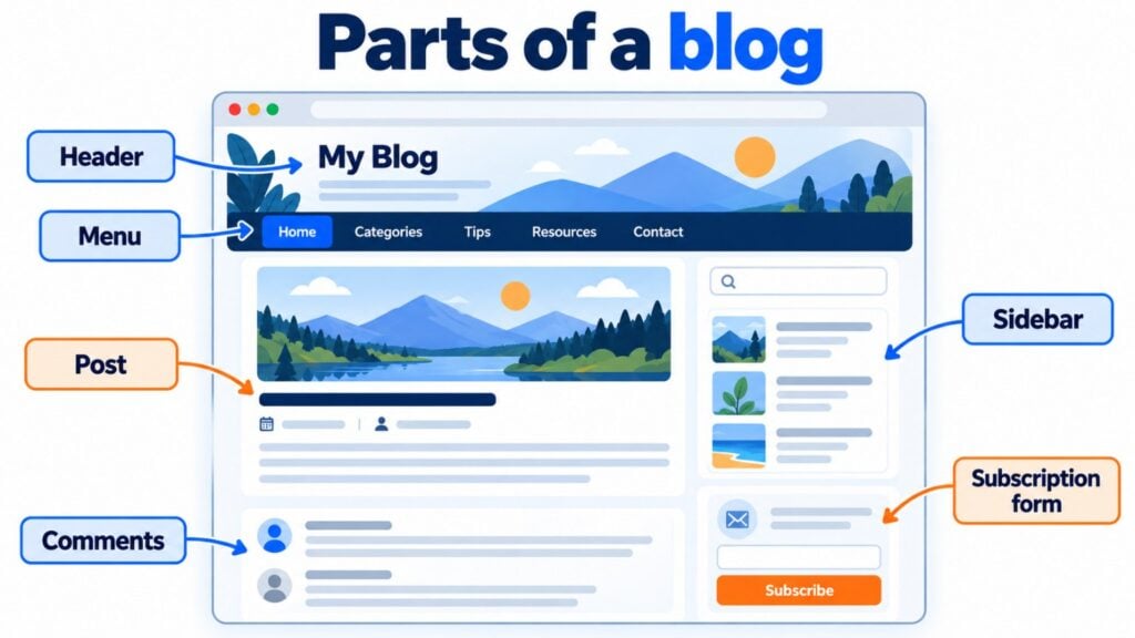 Parts of a blog: header, menu, post, sidebar, comments and subscription form