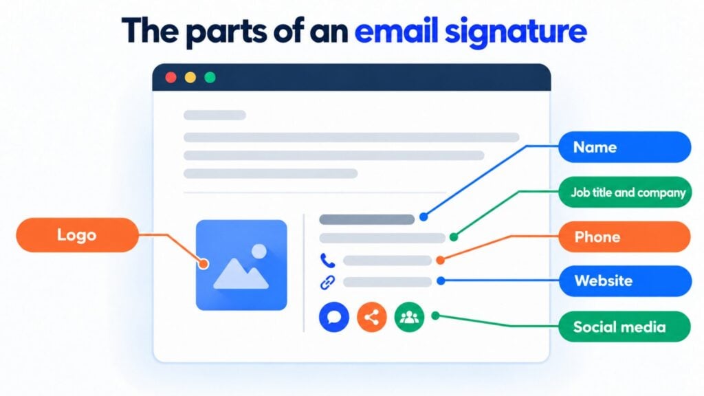 The parts of an email signature: name, job title and company, phone, website, logo and social media