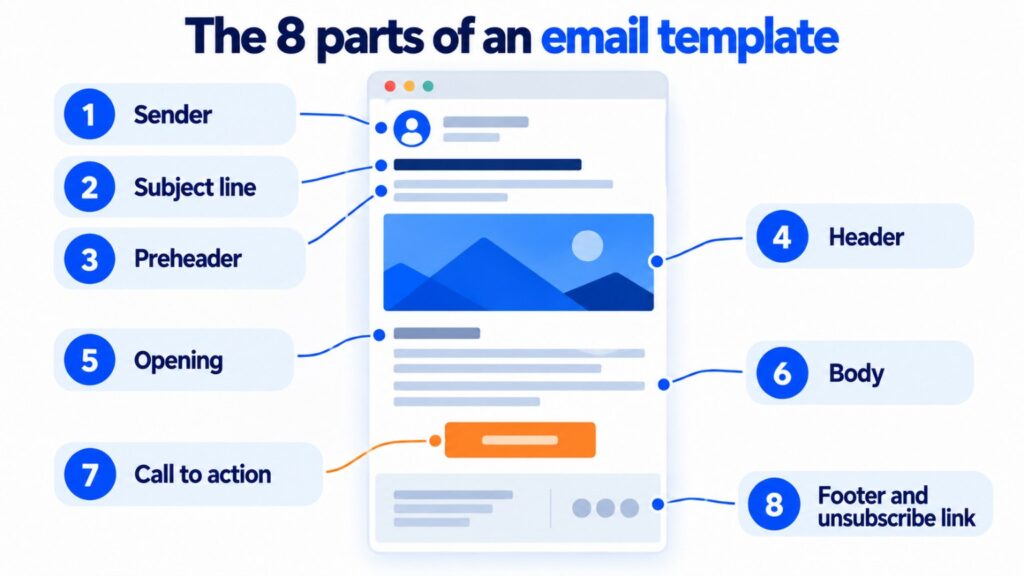 The 8 parts of an email template: sender, subject line, preheader, header, opening, body, call to action and footer with unsubscribe link