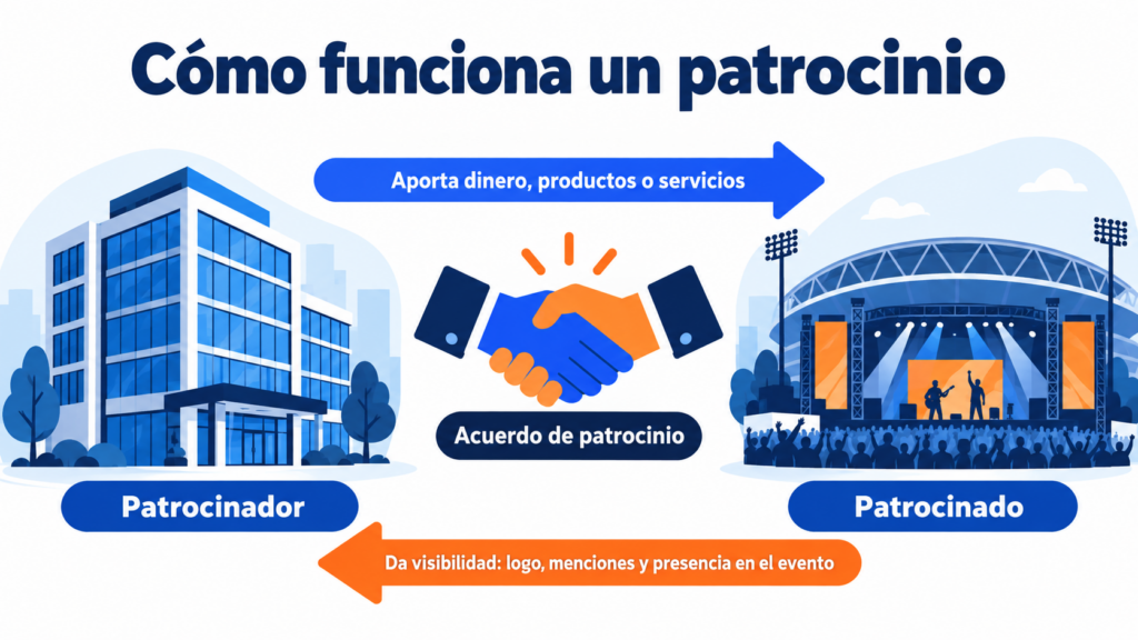 Esquema de cómo funciona un patrocinio: el patrocinador aporta dinero, productos o servicios y el patrocinado da visibilidad a su marca