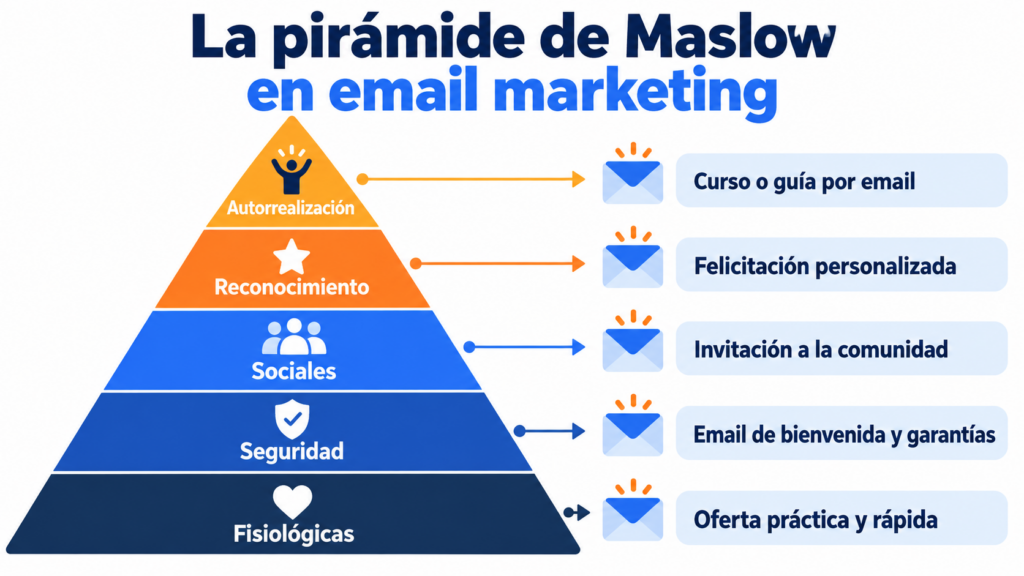 Pirámide de Maslow aplicada al email marketing, con un tipo de email para cada nivel de necesidades