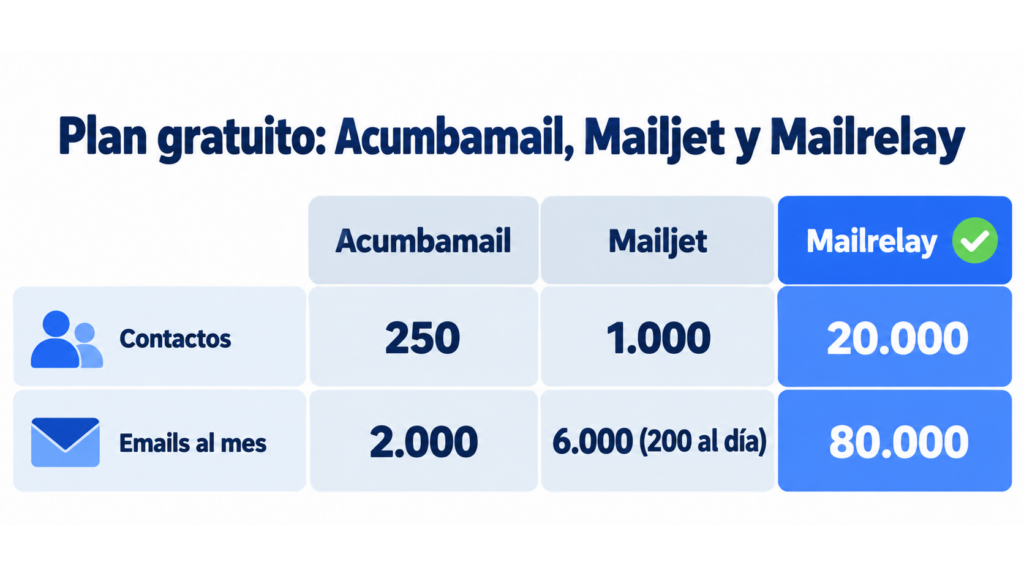 Comparison of the Acumbamail, Mailjet and Mailrelay free plans: 250, 1,000 and 20,000 contacts; 2,000, 6,000 (200 a day) and 80,000 emails a month