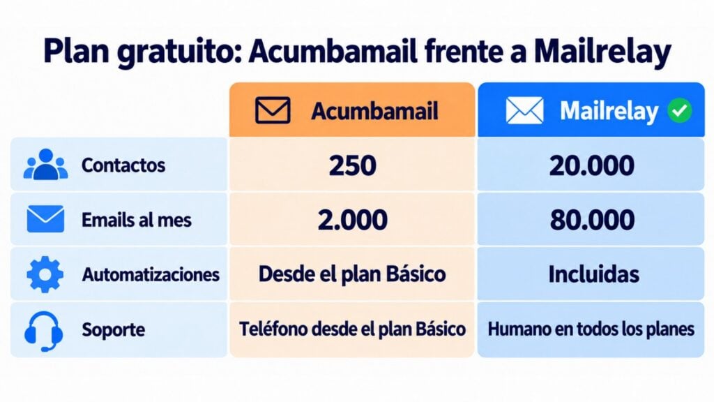 Comparativa del plan gratuito de Acumbamail y Mailrelay: 250 frente a 20.000 contactos, 2.000 frente a 80.000 emails al mes, automatizaciones desde el plan Básico frente a incluidas y soporte por teléfono desde el plan Básico frente a soporte humano en todos los planes