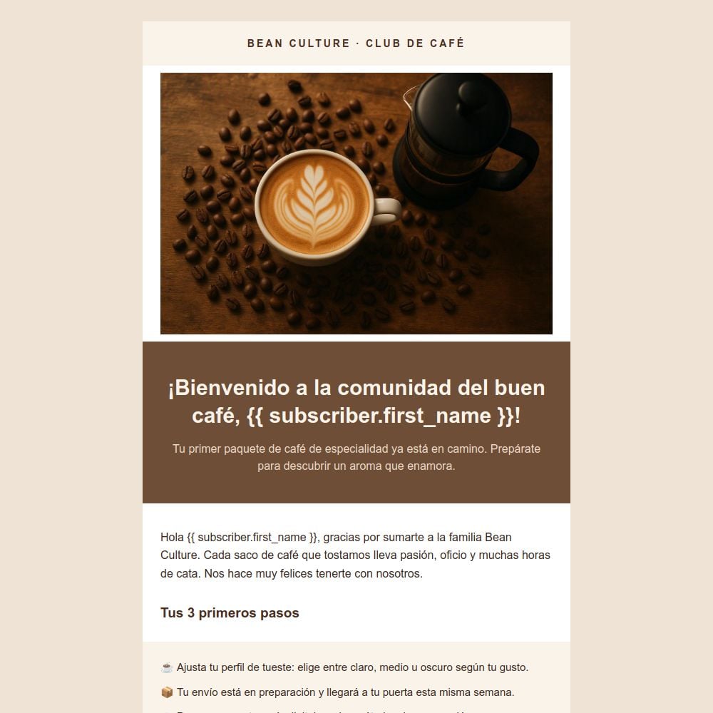 Plantilla de email de bienvenida para una tienda de café del editor de Mailrelay
