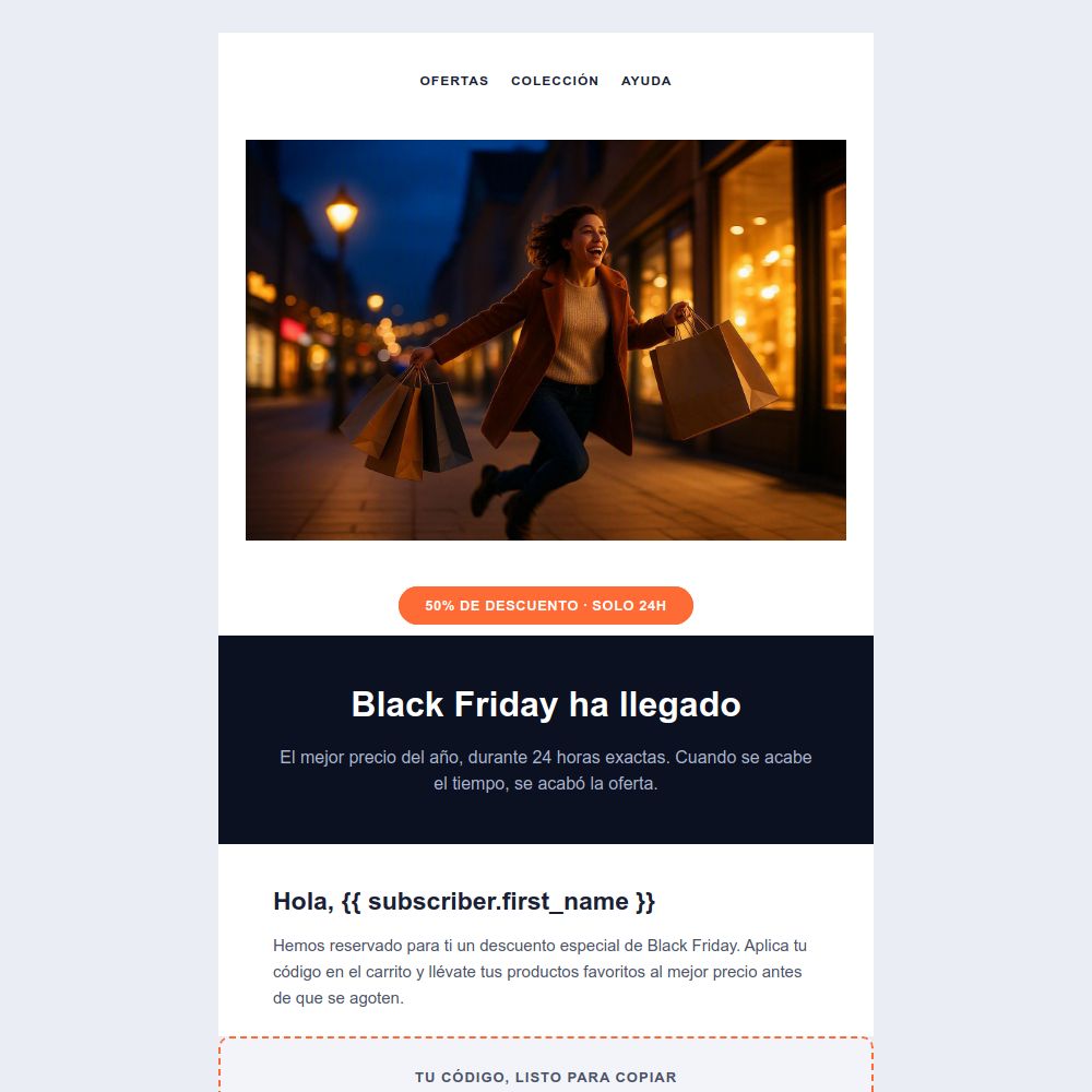 Plantilla de email de Black Friday del editor de Mailrelay