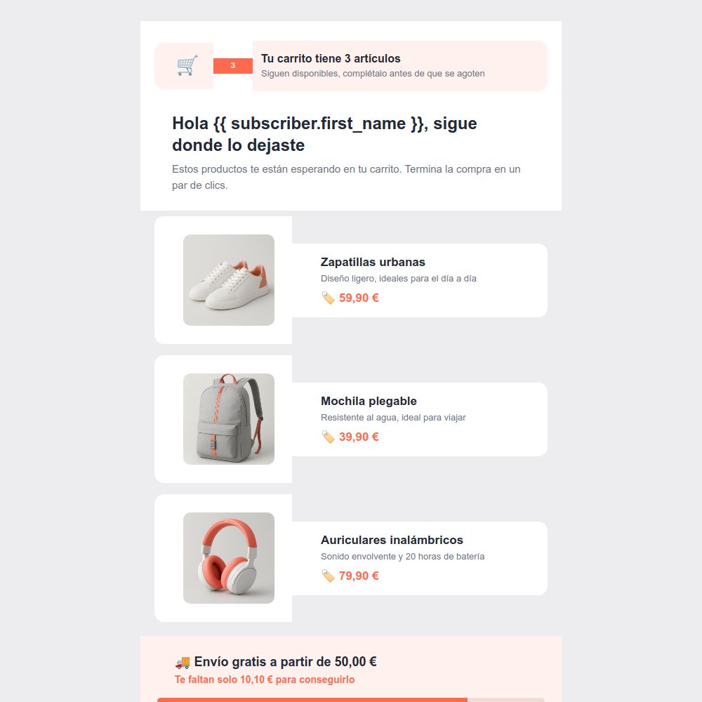 Plantilla de email de carrito abandonado del editor de Mailrelay