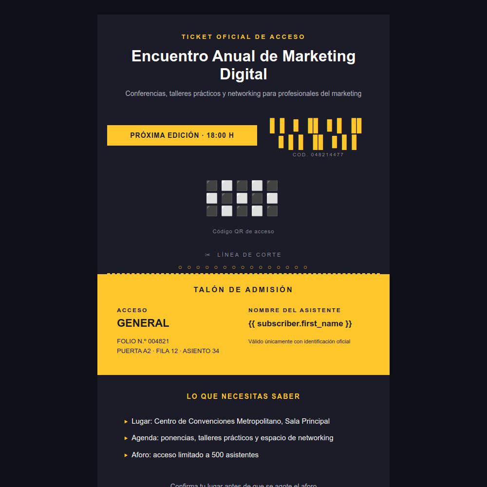 Plantilla de email de invitación a un evento del editor de Mailrelay