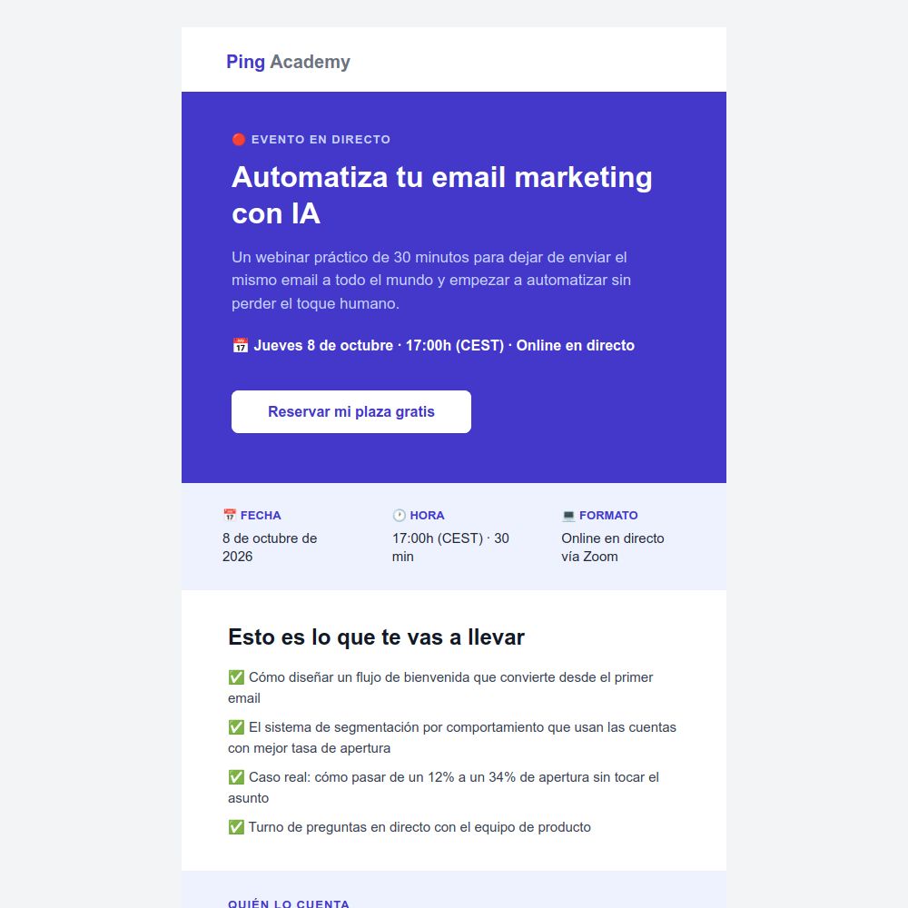 Plantilla de email de invitación a un webinar del editor de Mailrelay