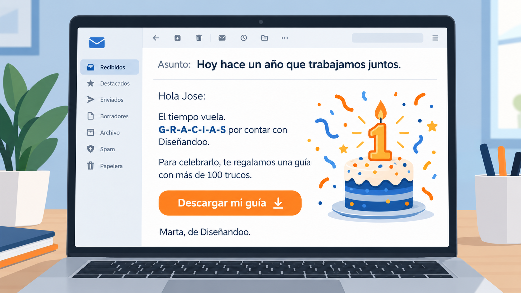 Ejemplo de la plantilla de mailing de aniversario rellenada: email de agradecimiento con una guía de regalo