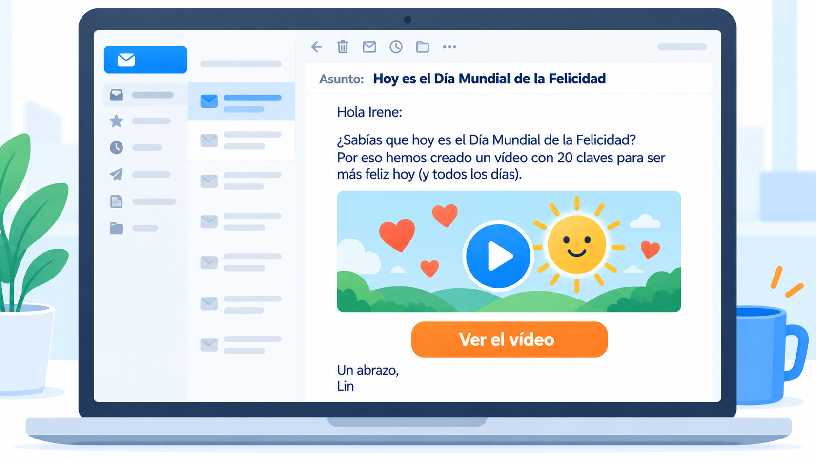 Ejemplo de la plantilla de mailing del Día Mundial con un contenido: email con un vídeo de 20 claves