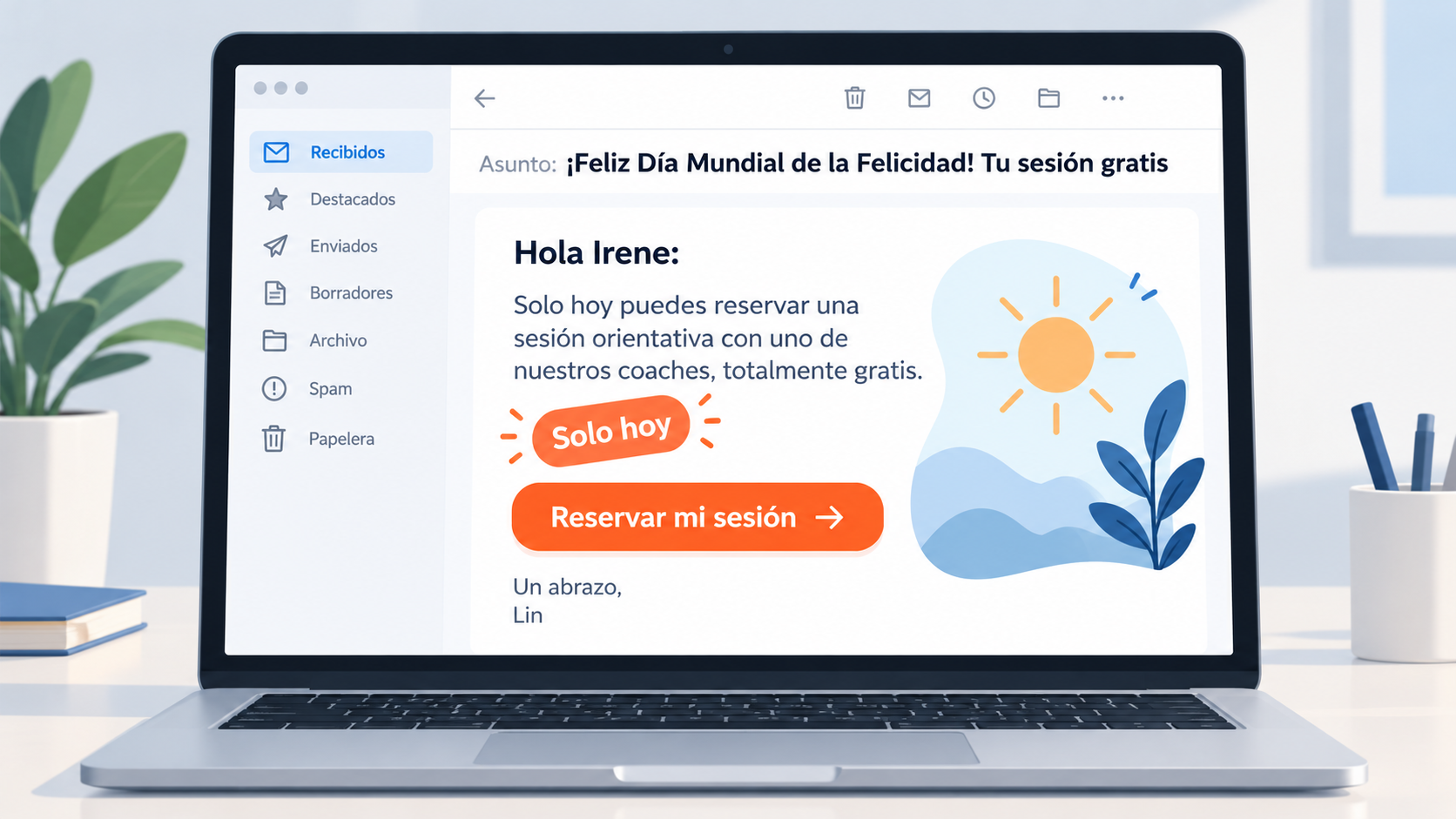 Ejemplo de la plantilla de mailing del Día Mundial con una promoción: sesión gratuita solo hoy