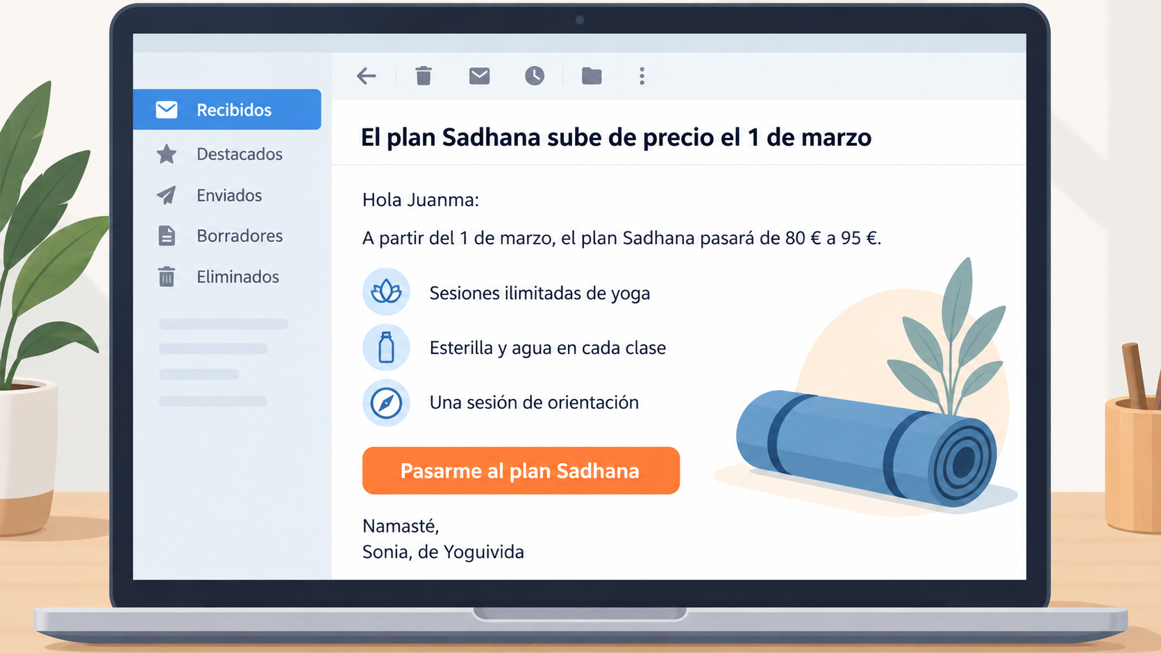 Ejemplo de la plantilla de mailing de upselling rellenada: aviso de subida de precio con 3 ventajas