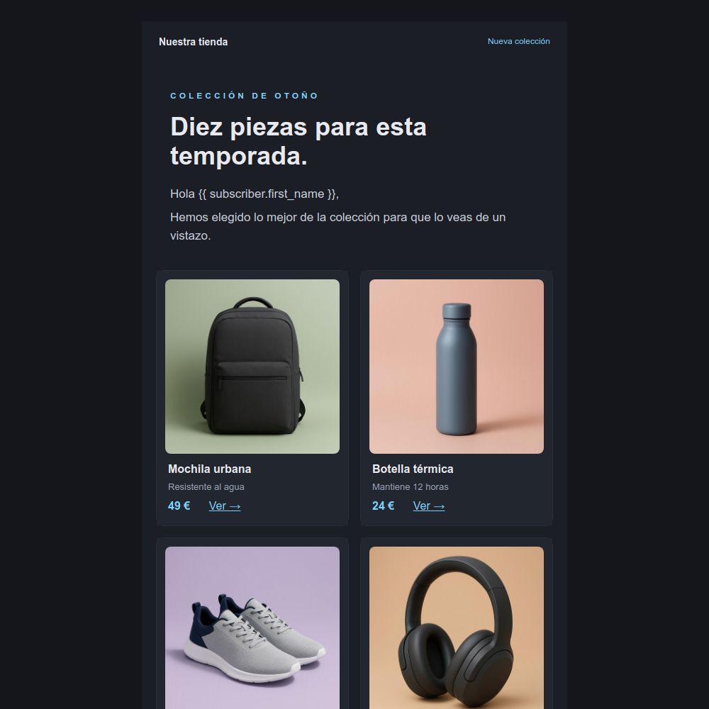 Plantilla de catálogo de productos en modo oscuro con cuadrícula de productos del editor de Mailrelay