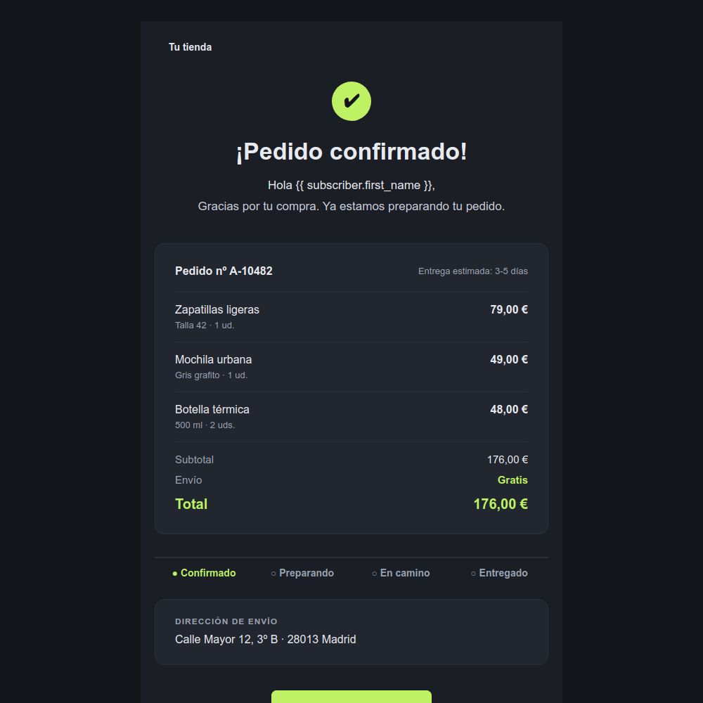 Plantilla de confirmación de pedido en modo oscuro con resumen de compra del editor de Mailrelay