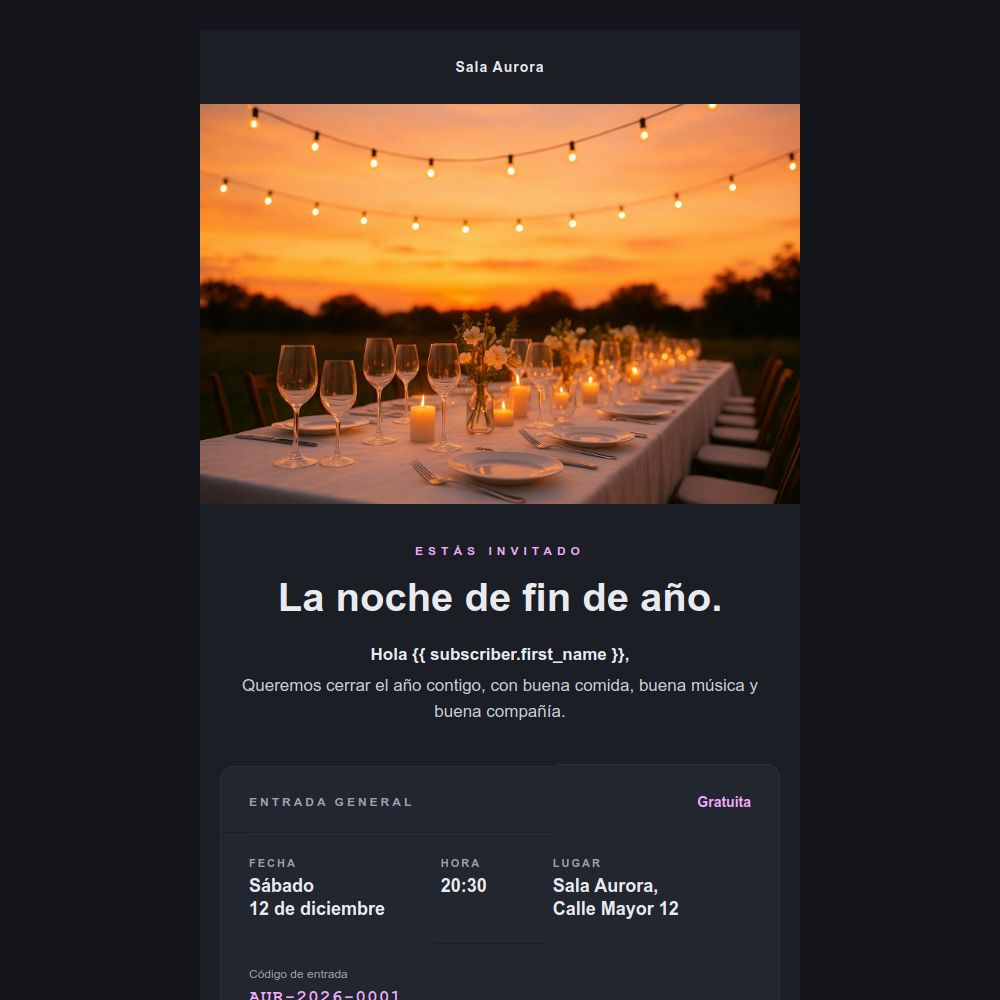 Plantilla de invitación a un evento nocturno en modo oscuro del editor de Mailrelay