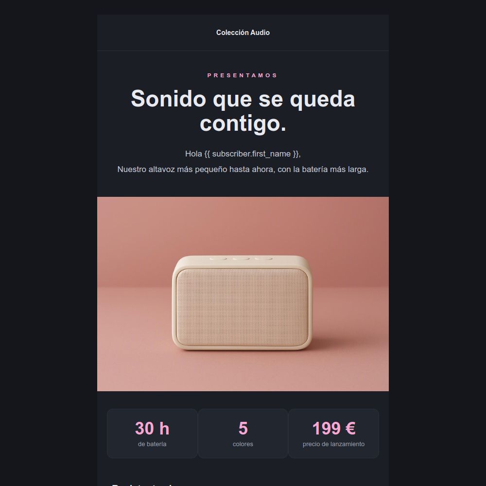 Plantilla de lanzamiento de producto en modo oscuro con foto y cifras destacadas del editor de Mailrelay