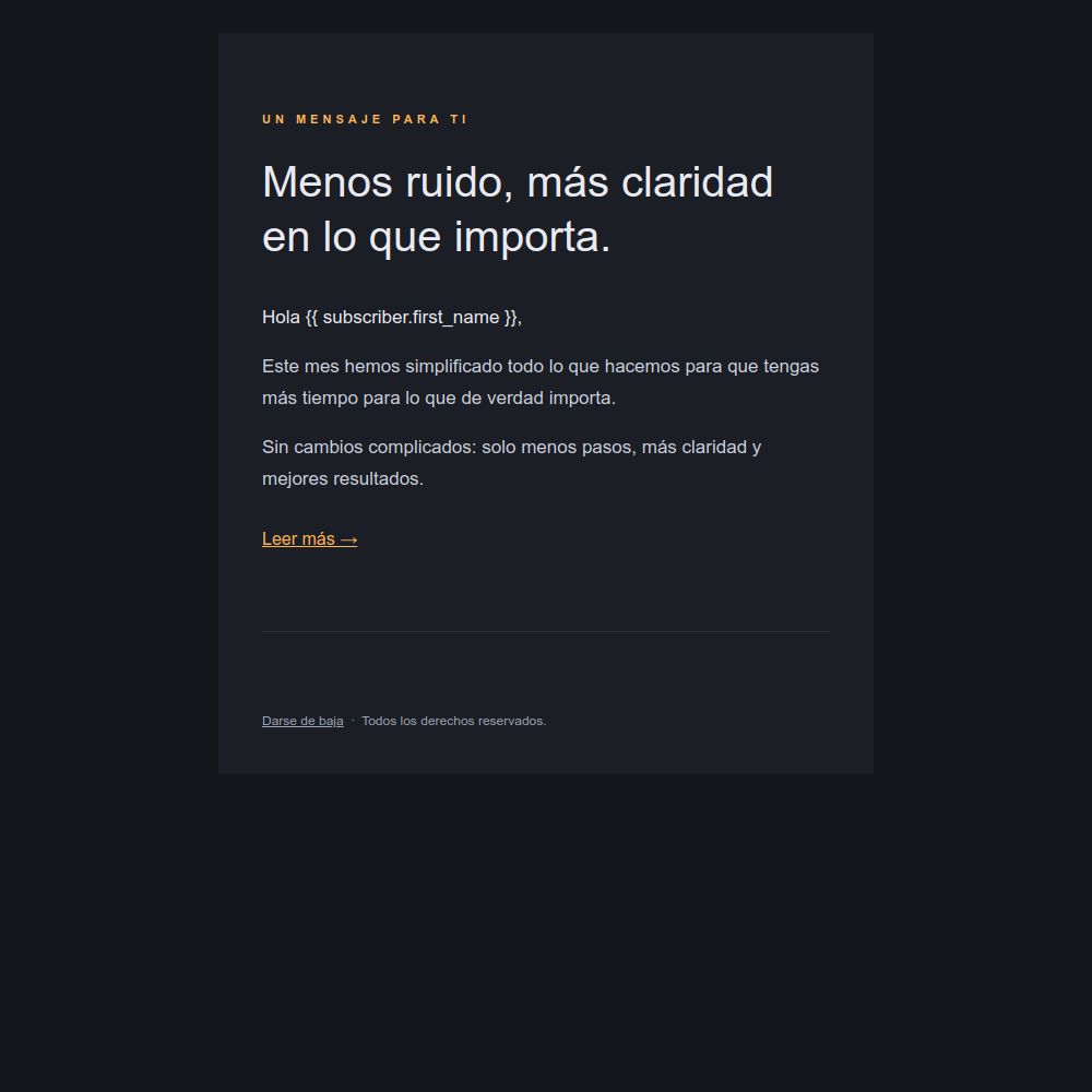 Plantilla de email en modo oscuro de texto breve, sin imágenes, del editor de Mailrelay