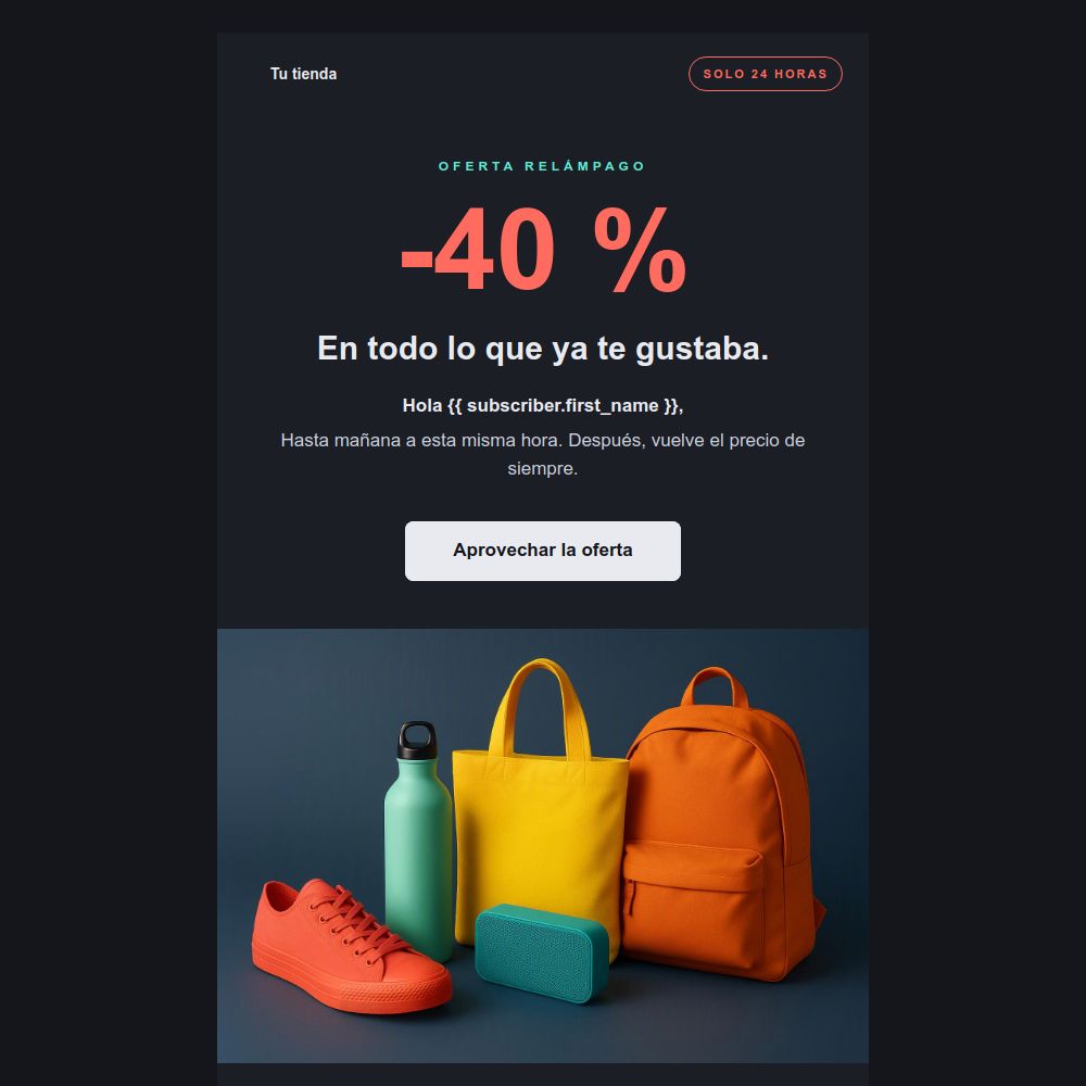 Plantilla de oferta relámpago de 24 horas en modo oscuro con descuento del 40 % del editor de Mailrelay