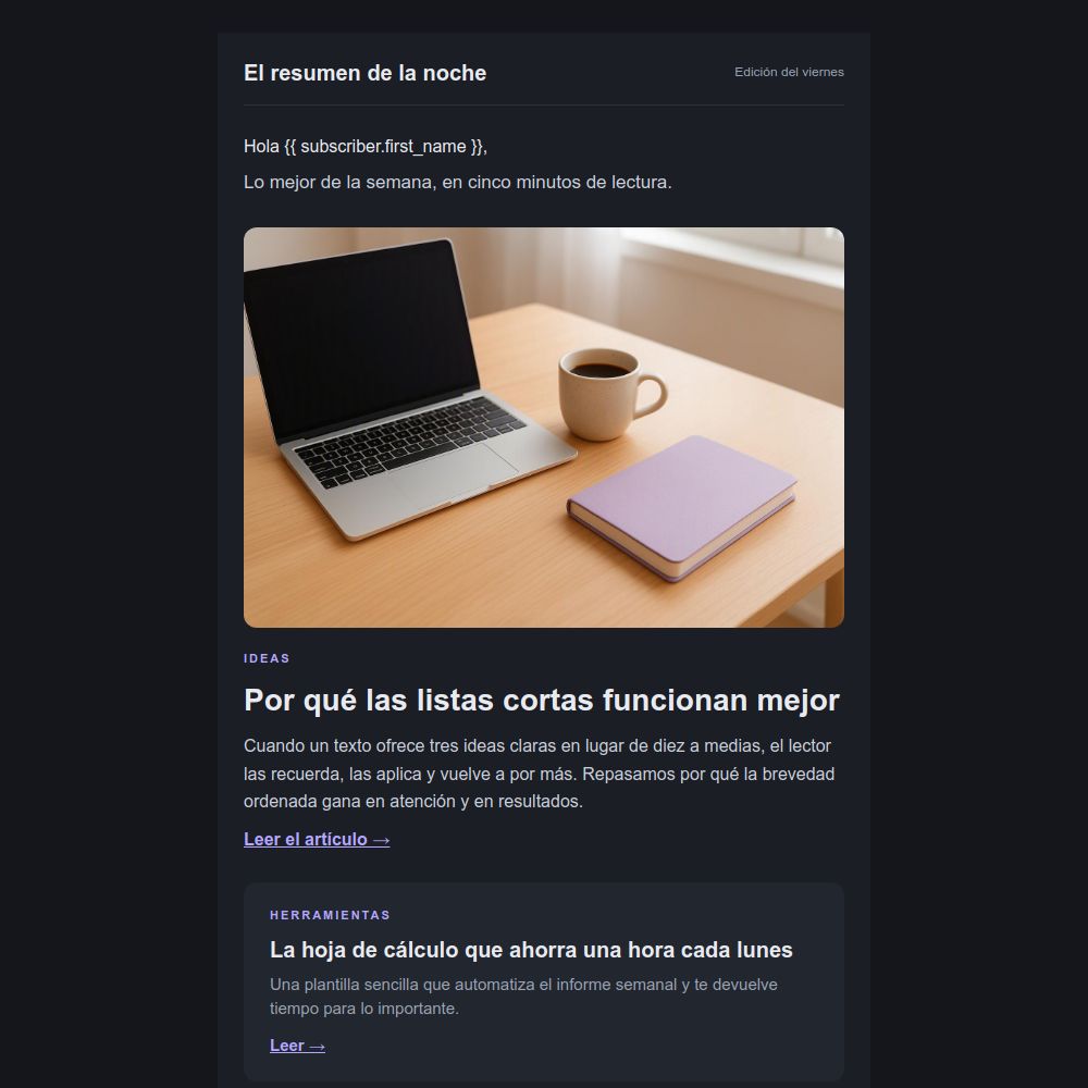 Plantilla de newsletter semanal en modo oscuro con artículos destacados del editor de Mailrelay