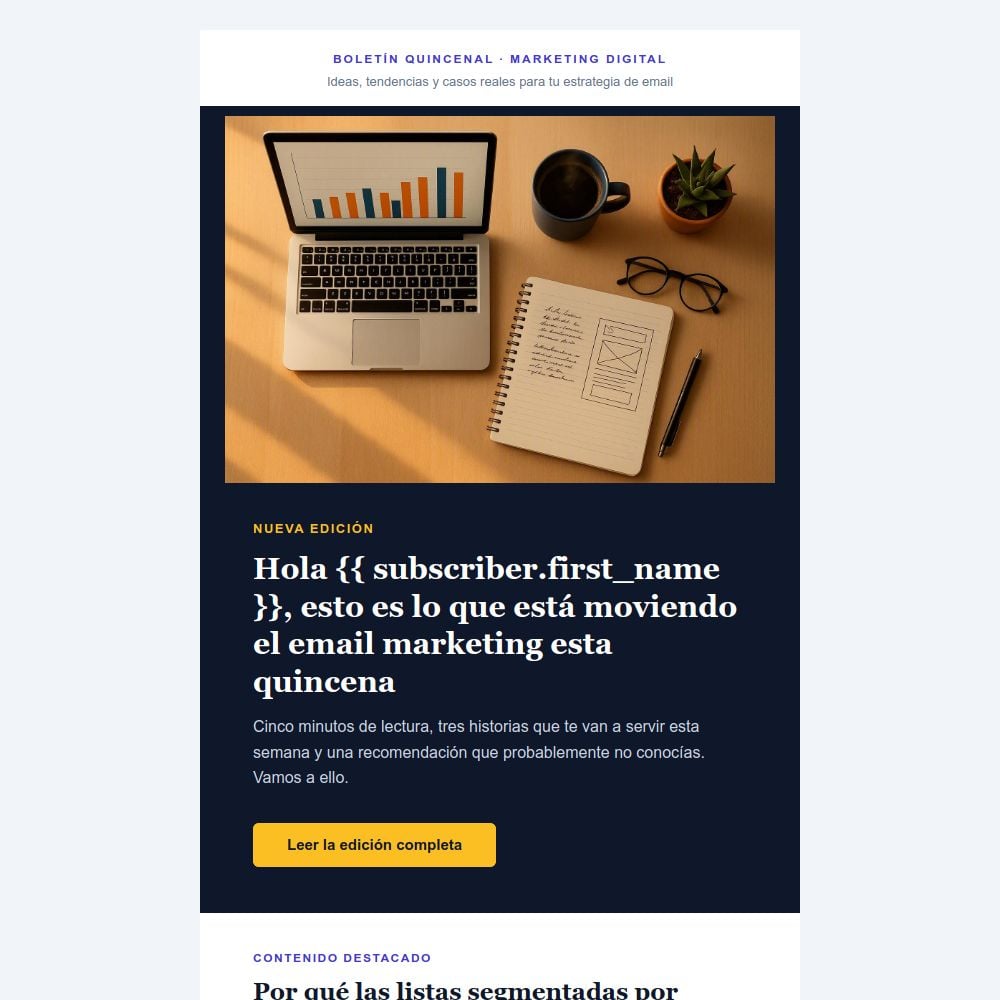 Editorial newsletter email template from the Mailrelay editor