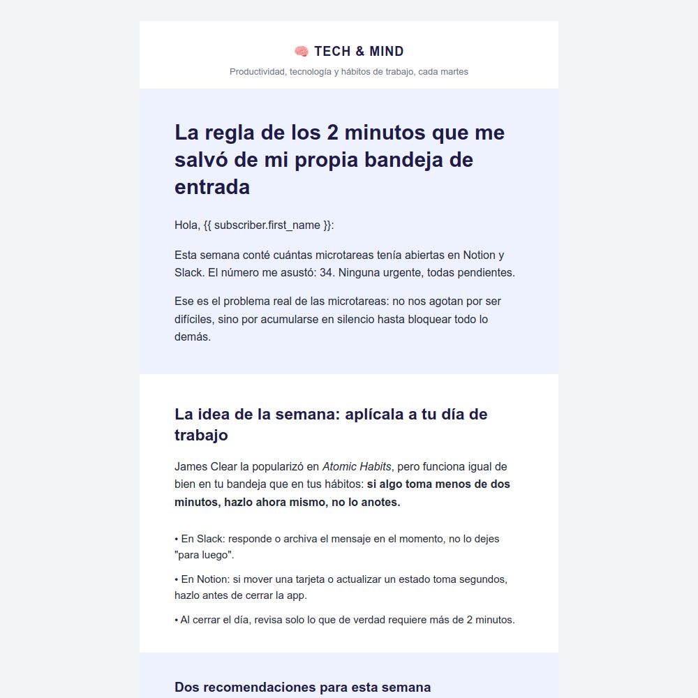 Plantilla de email de newsletter semanal de contenido del editor de Mailrelay