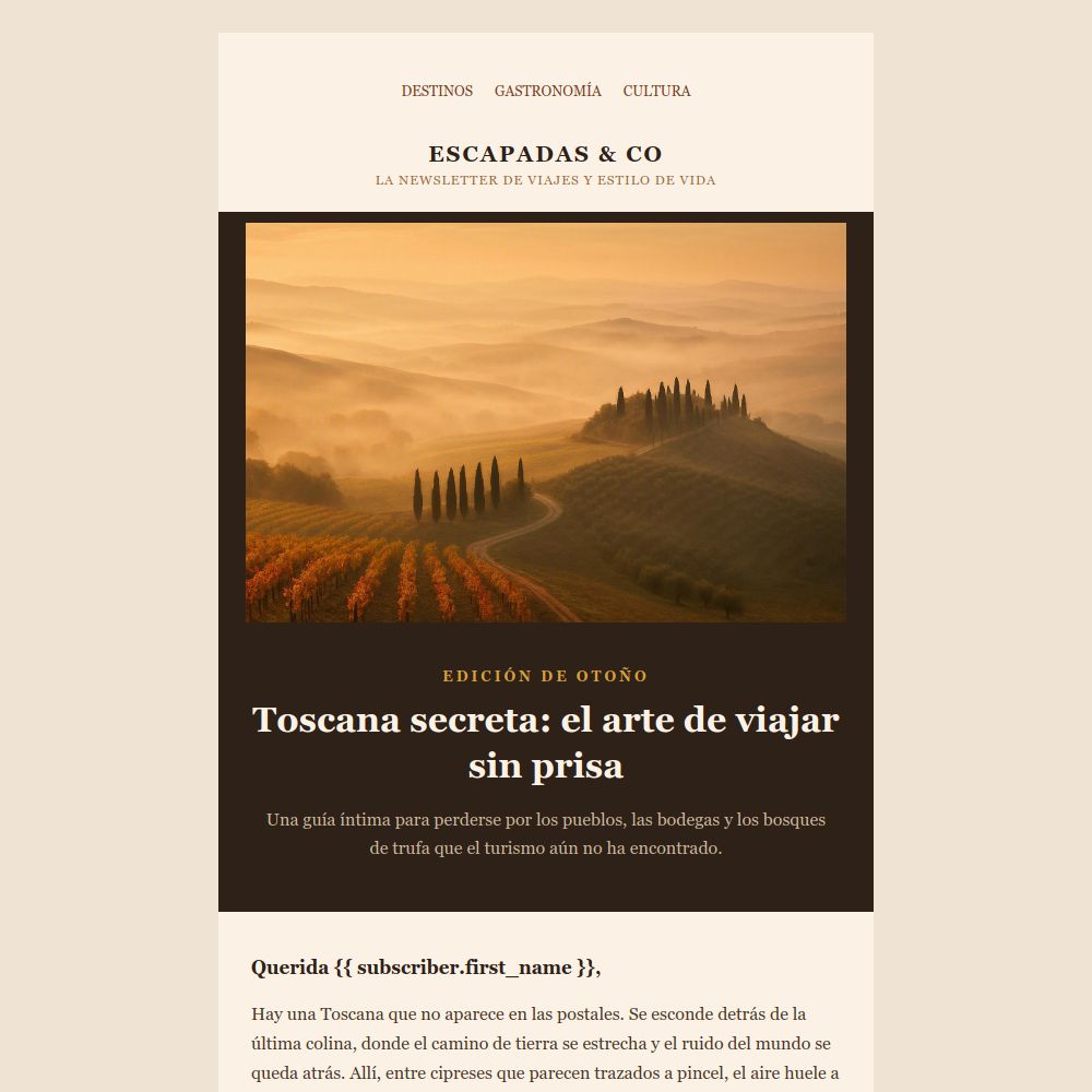Plantilla de email de newsletter de viajes del editor de Mailrelay