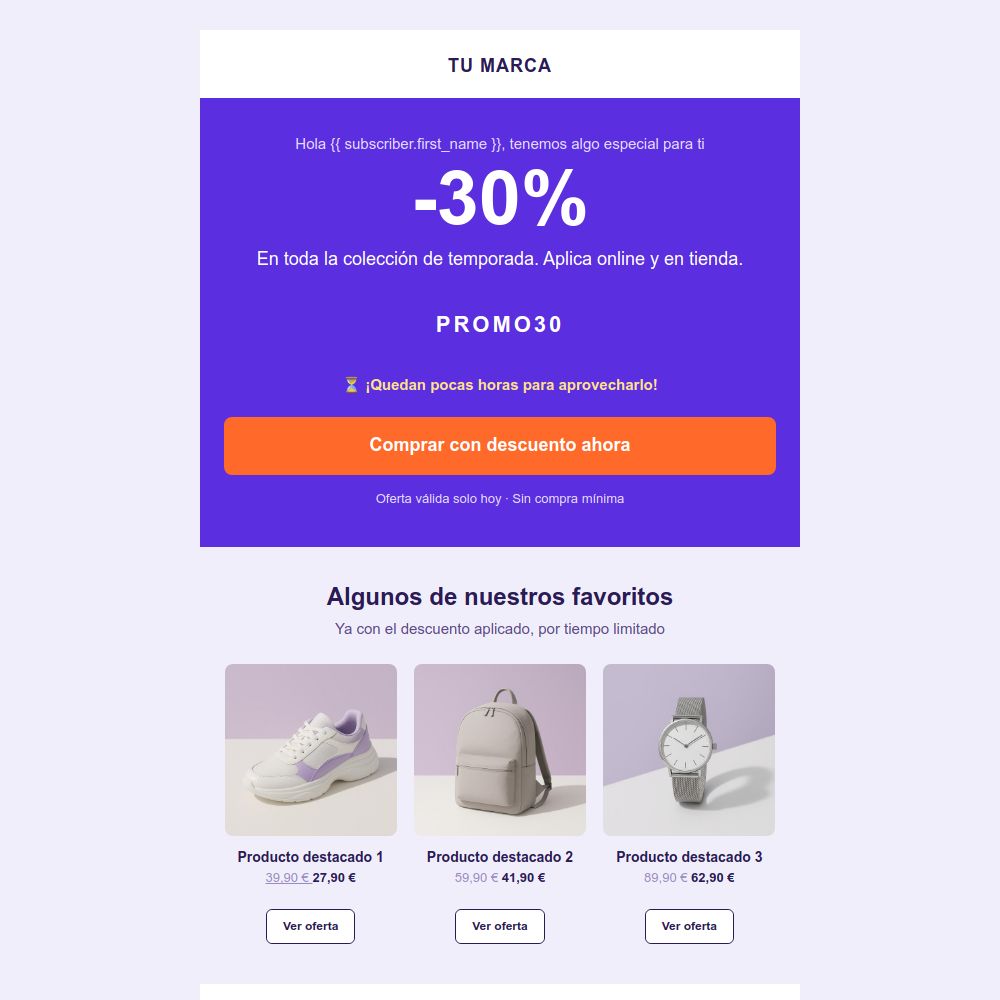 Promotional email template with a flash discount from the Mailrelay editor